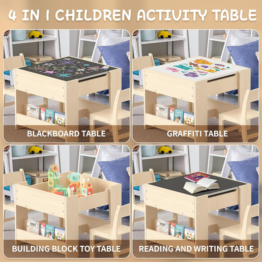 4-in-1 Kids Desk with 2 Chairs - Birch Wood Activity Table with Reversible Whiteboard and Chalkboard, 3 Storage Compartments for Kids for Painting, Reading and Crafts