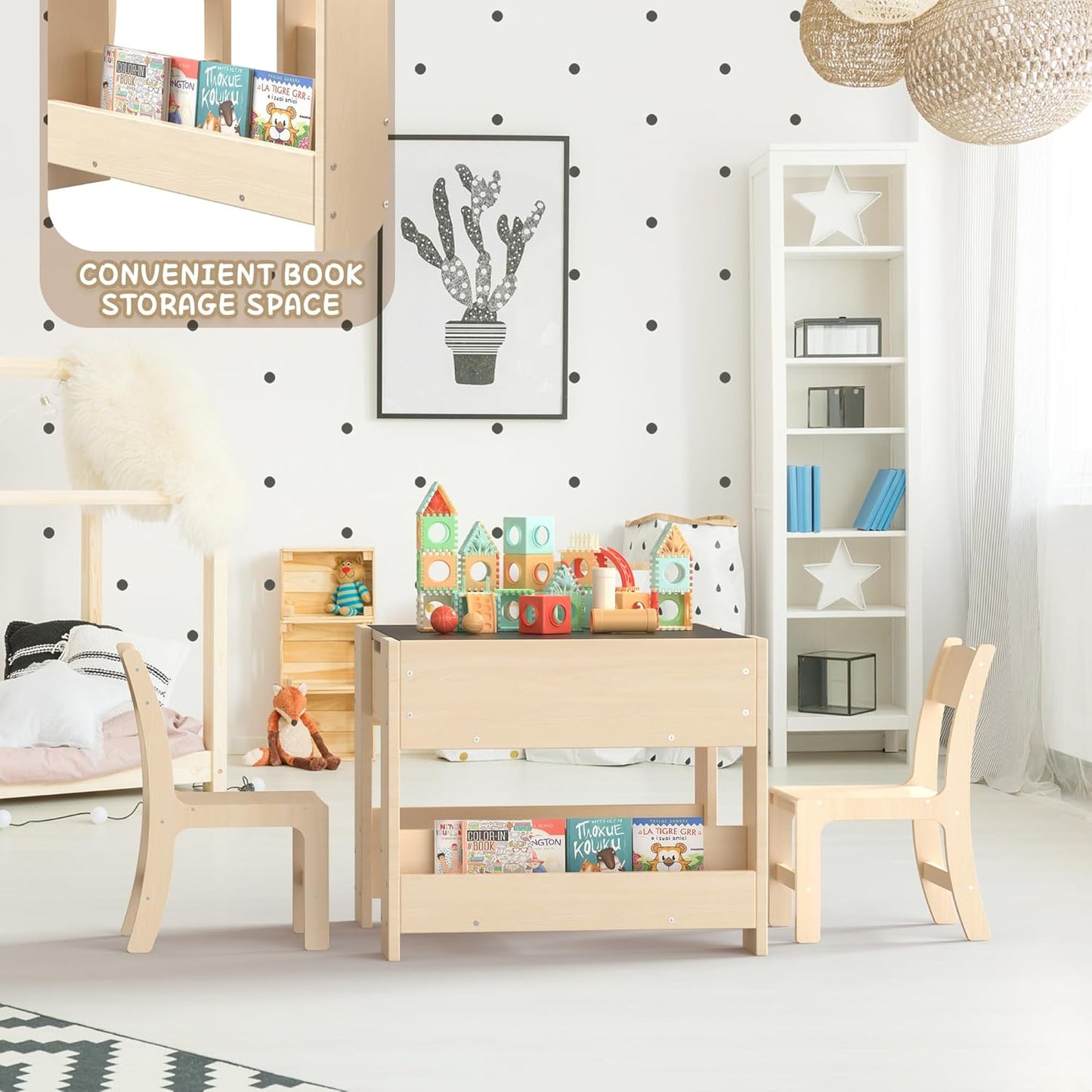 4-in-1 Kids Desk with 2 Chairs - Birch Wood Activity Table with Reversible Whiteboard and Chalkboard, 3 Storage Compartments for Kids for Painting, Reading and Crafts