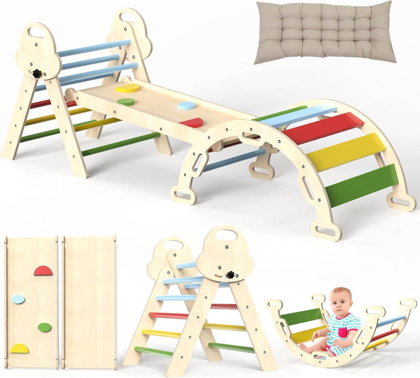 Pikler Triangle Set with Cushion, 7 in 1 Toddler Climbing Toys Indoor, Montessori Foldable Climbing Set, Wooden Climbing Toys for Toddlers Inside with Ramp, Arch and Ladder