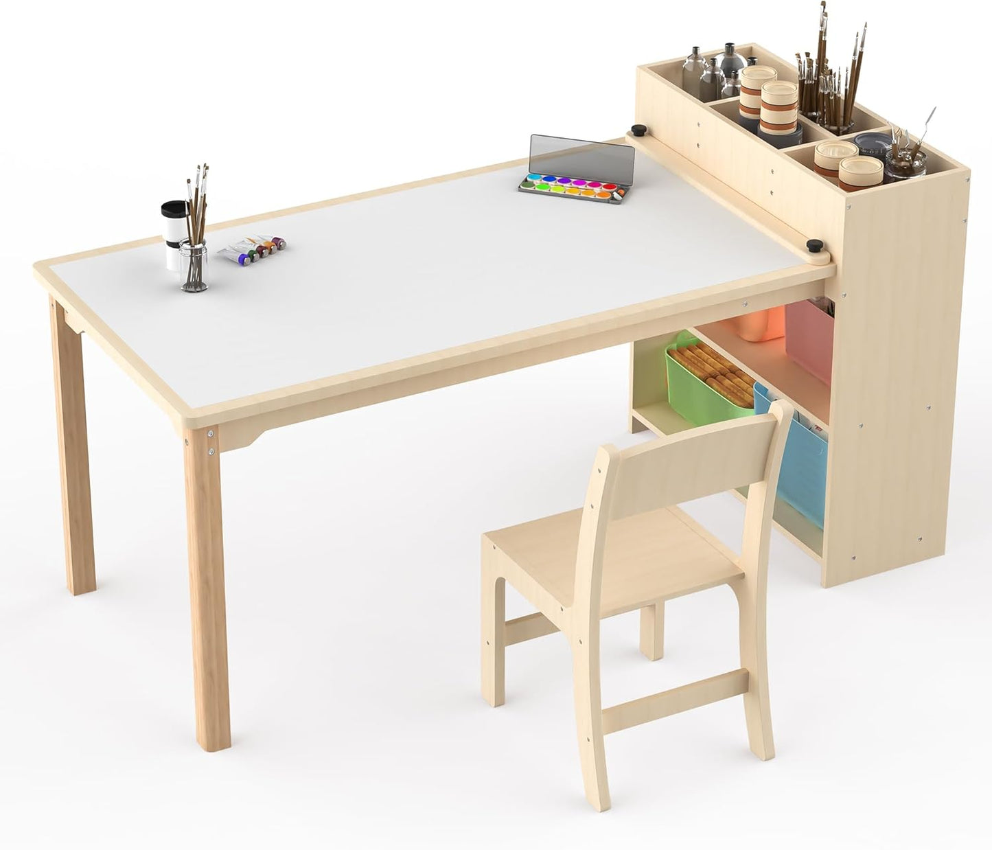 Children’s Wooden Desk and Chair Set – Birch Activity Table with Storage for Drawing, Crafts & Playtime