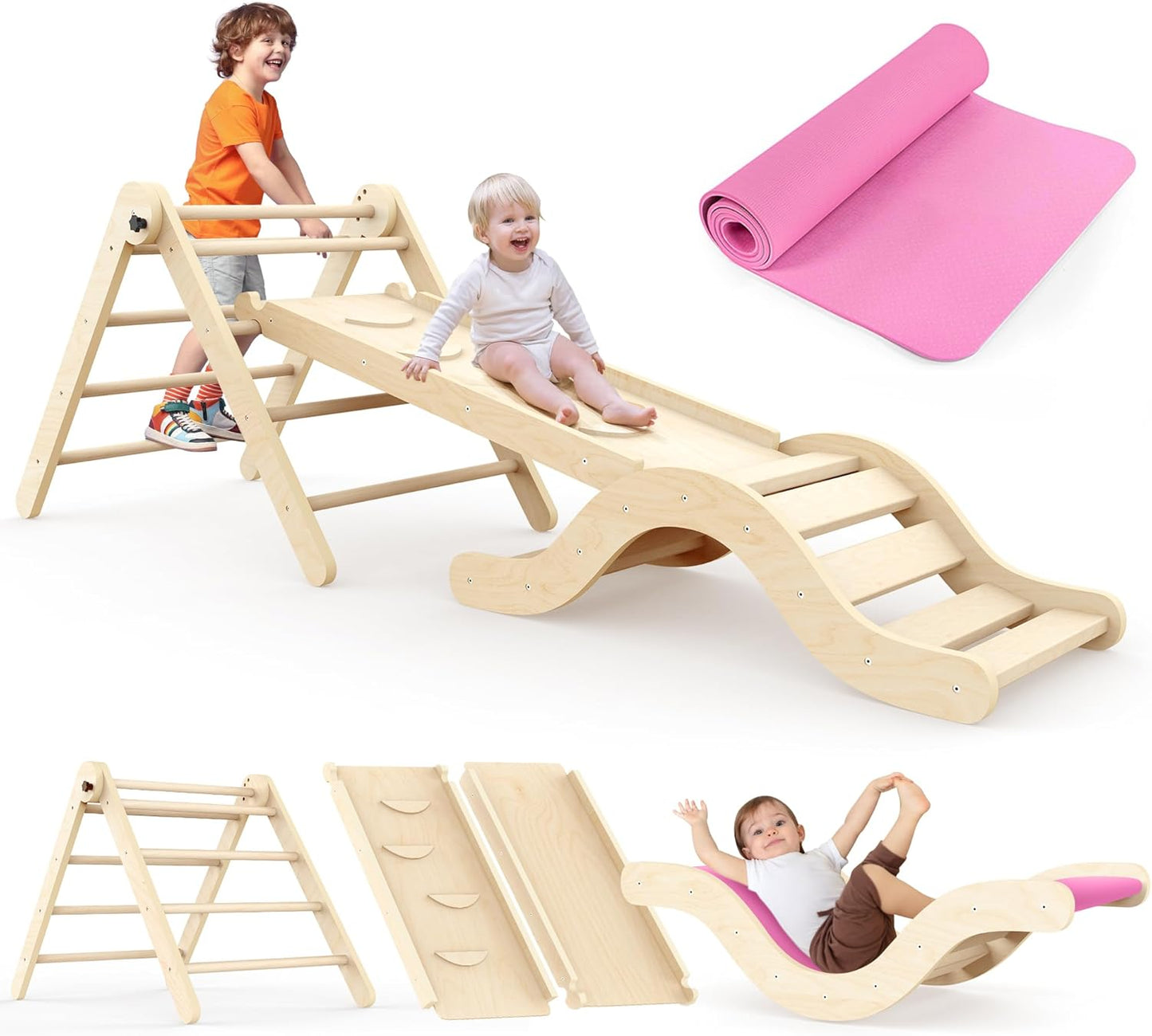 7in1 Pikler Triangle Set Toddler Climbing Toys Indoor Foldable Wooden Baby Climb Set with Arch, Ramp, Ladder, Mat for 1-3 Years, Jungle Gym for Kids