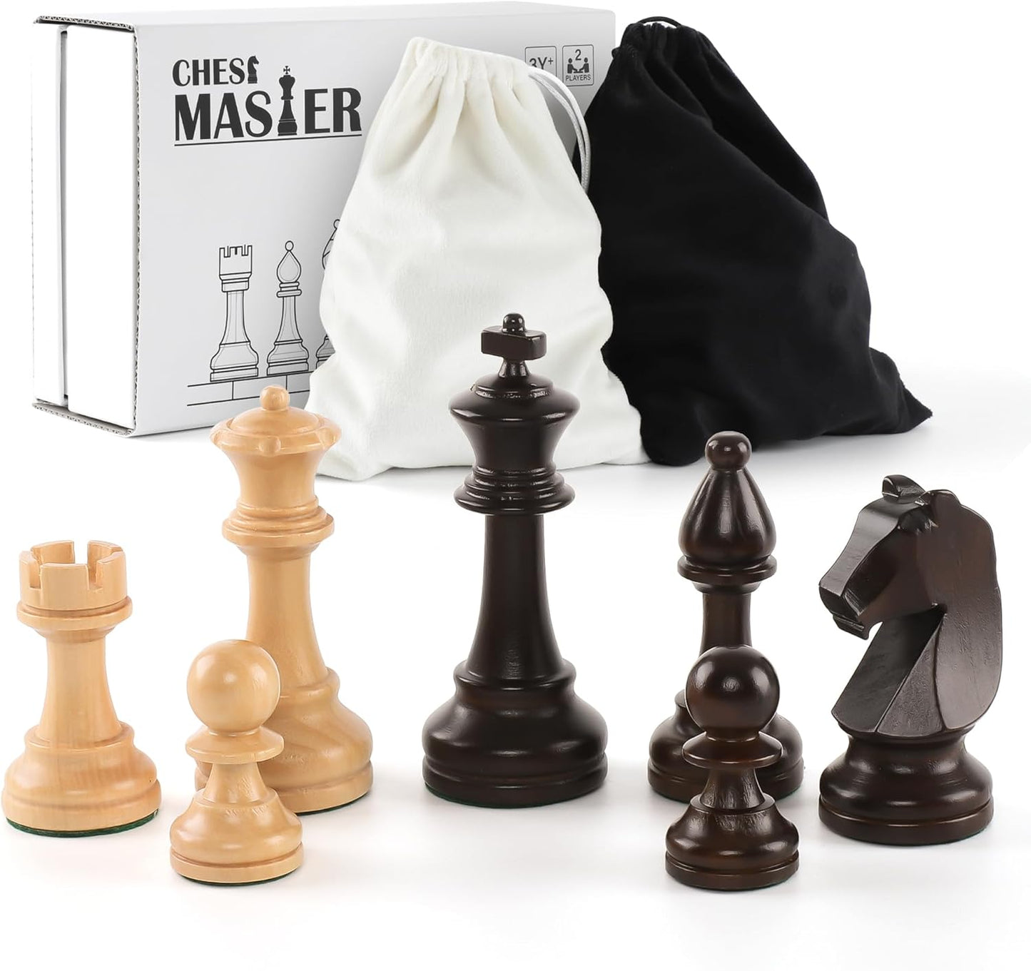 Wooden Chess Pieces Set - 32 Handmade Tournament Figures Made of Natural Wood with 9.5 cm King - Luxury Staunton Design, Includes Storage Bag (without Chessboard)