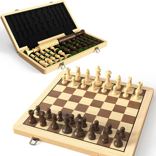 15" Wooden Folding Chess & Checkers Set - 2 in 1 Board Game with 3" King Staunton Pieces and 2 Extra Ladies