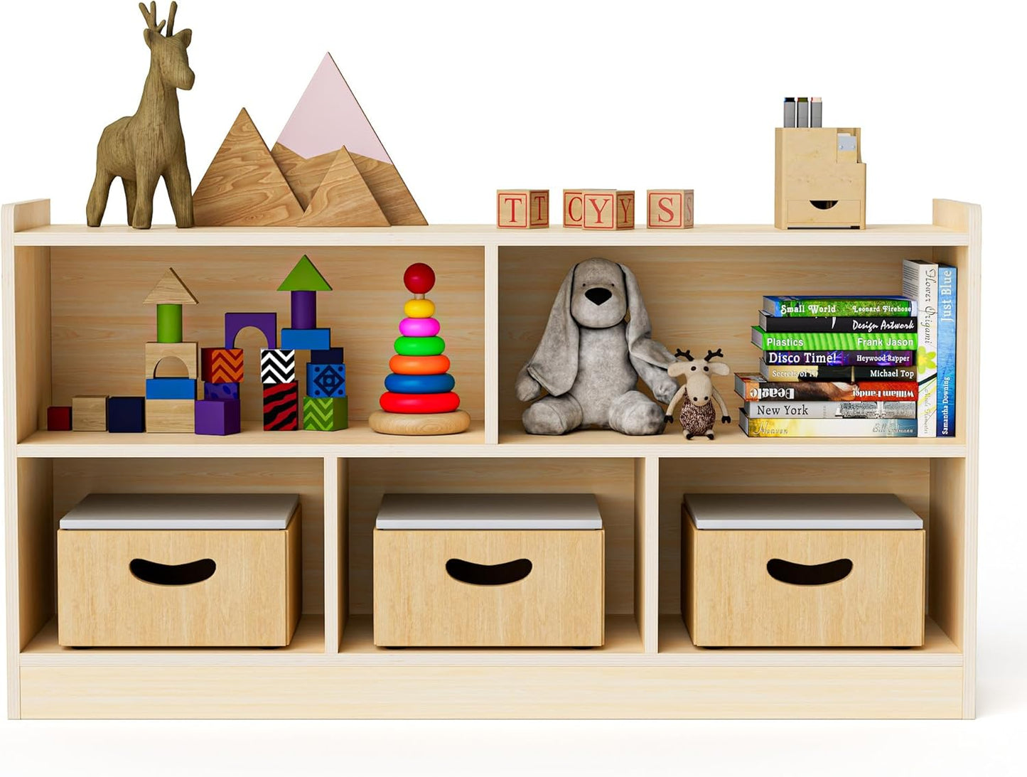 Montessori Birch Plywood Shelf - 5 Tier Storage Cabinet with 2 Tiers Organiser for Nursery, Classroom, Nurseries & Preschools