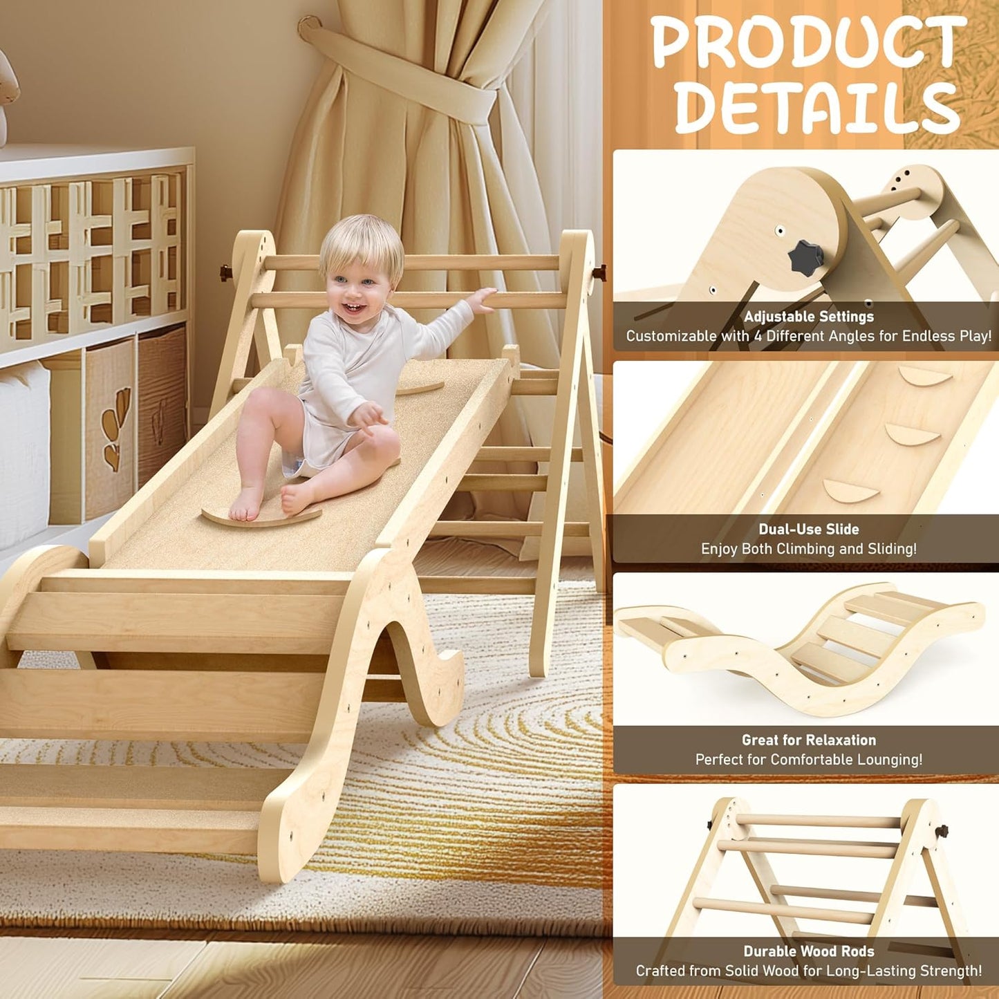 7in1 Pikler Triangle Set Toddler Climbing Toys Indoor Foldable Wooden Baby Climb Set with Arch, Ramp, Ladder, Mat for 1-3 Years, Jungle Gym for Kids