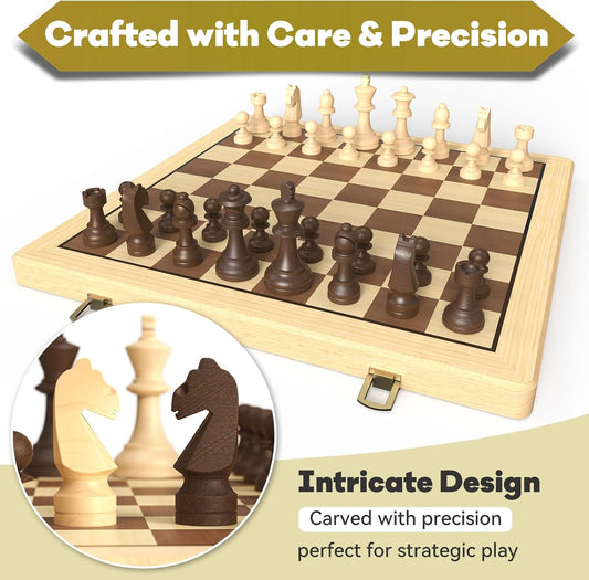 15" Wooden Folding Chess & Checkers Set - 2 in 1 Board Game with 3" King Staunton Pieces and 2 Extra Ladies