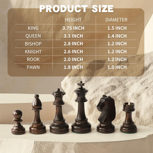 Wooden Chess Pieces Set - 32 Handmade Tournament Figures Made of Natural Wood with 9.5 cm King - Luxury Staunton Design, Includes Storage Bag (without Chessboard)