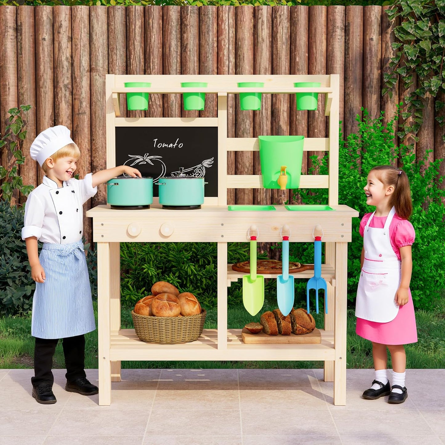 Outdoor toy kitchen made of solid fir wood – With faucet, double-sided table, shelf, sink and hob – Garden toys for children from 3 years