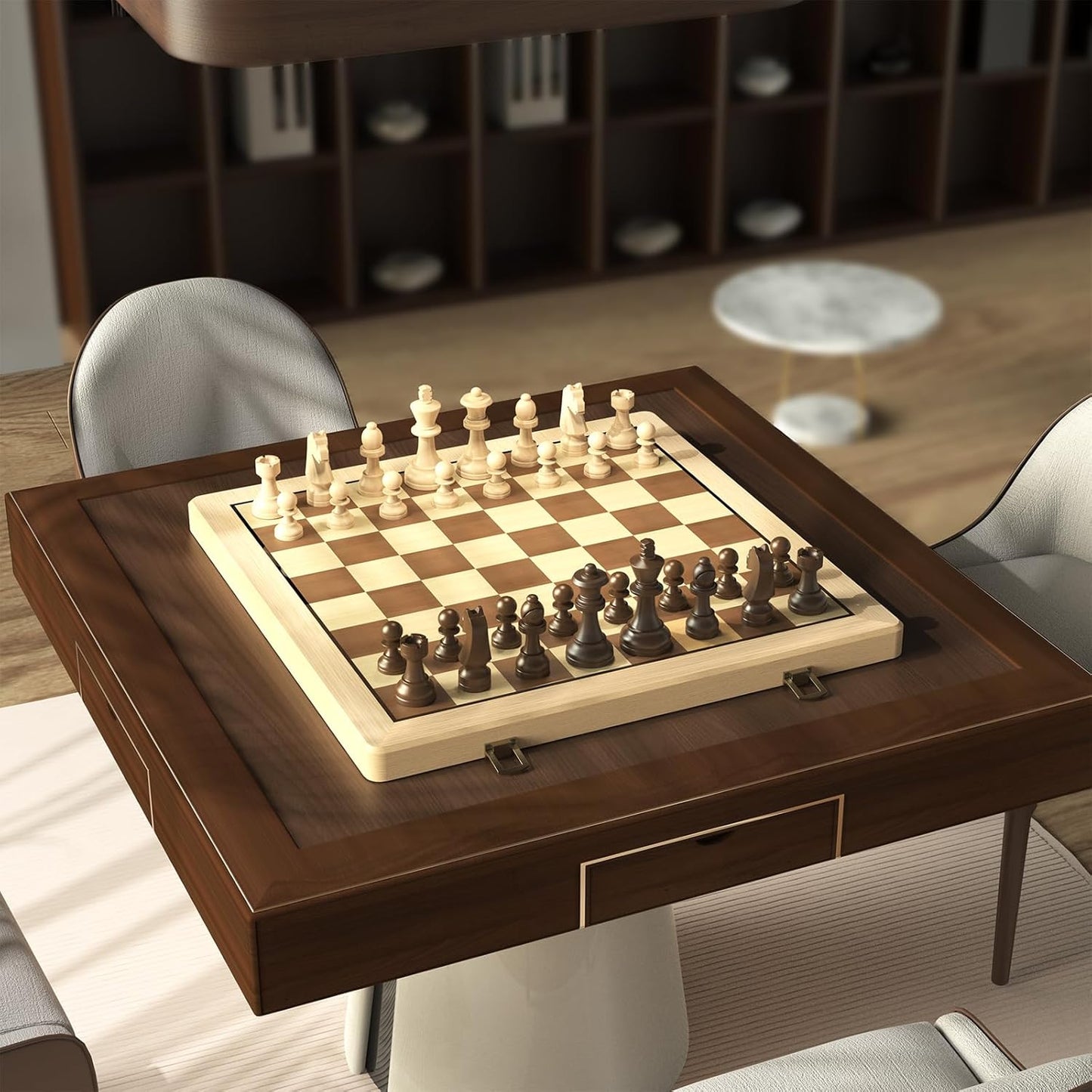 15" Wooden Folding Chess & Checkers Set - 2 in 1 Board Game with 3" King Staunton Pieces and 2 Extra Ladies