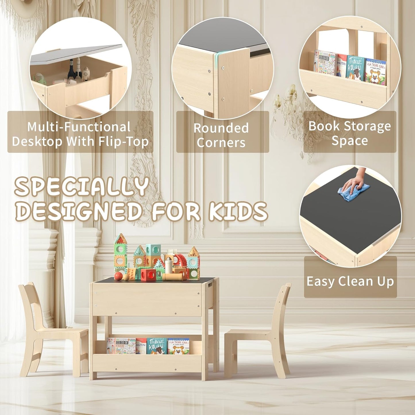 4-in-1 Kids Desk with 2 Chairs - Birch Wood Activity Table with Reversible Whiteboard and Chalkboard, 3 Storage Compartments for Kids for Painting, Reading and Crafts