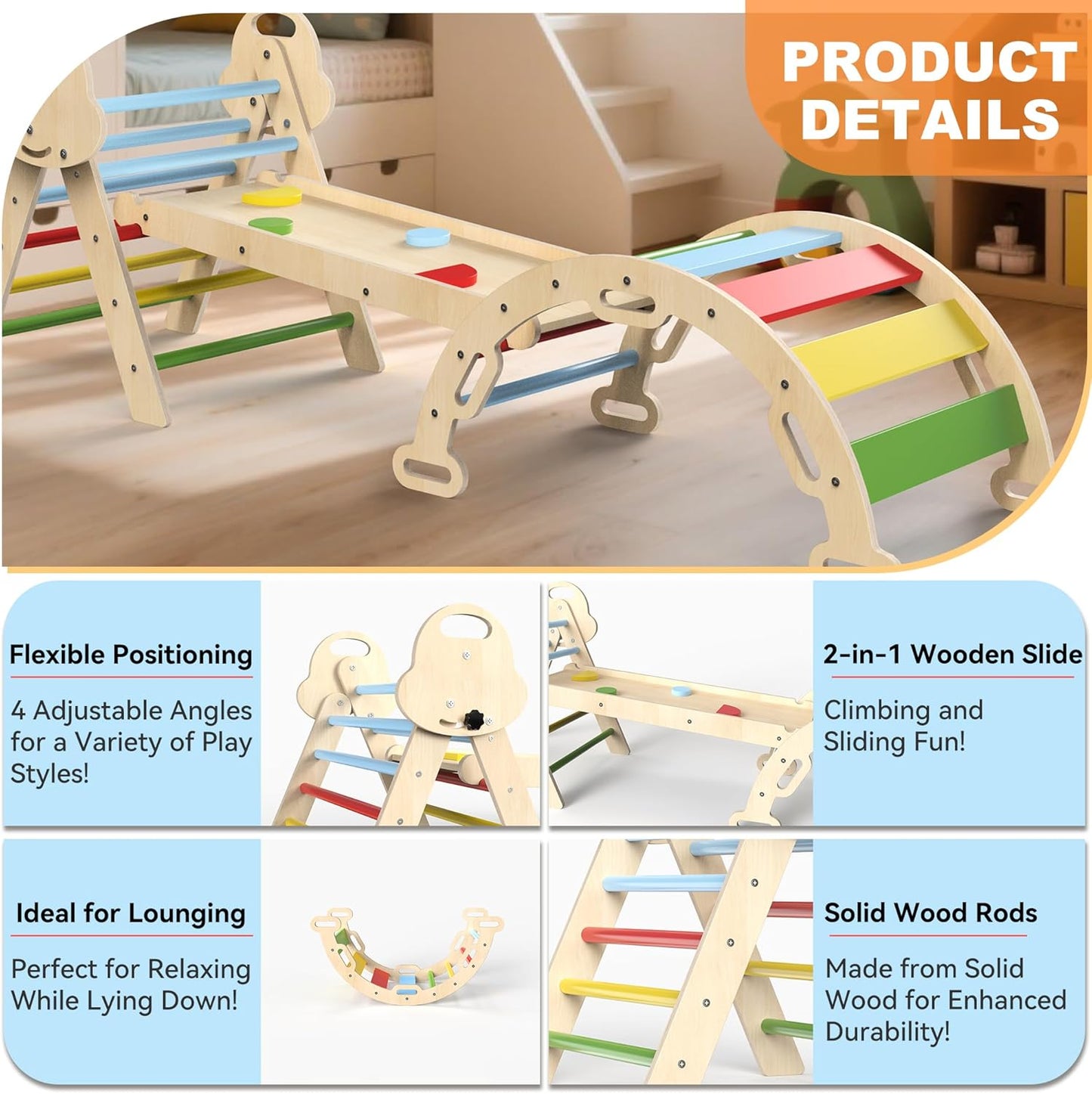 Pikler Triangle Set with Cushion, 7 in 1 Toddler Climbing Toys Indoor, Montessori Foldable Climbing Set, Wooden Climbing Toys for Toddlers Inside with Ramp, Arch and Ladder