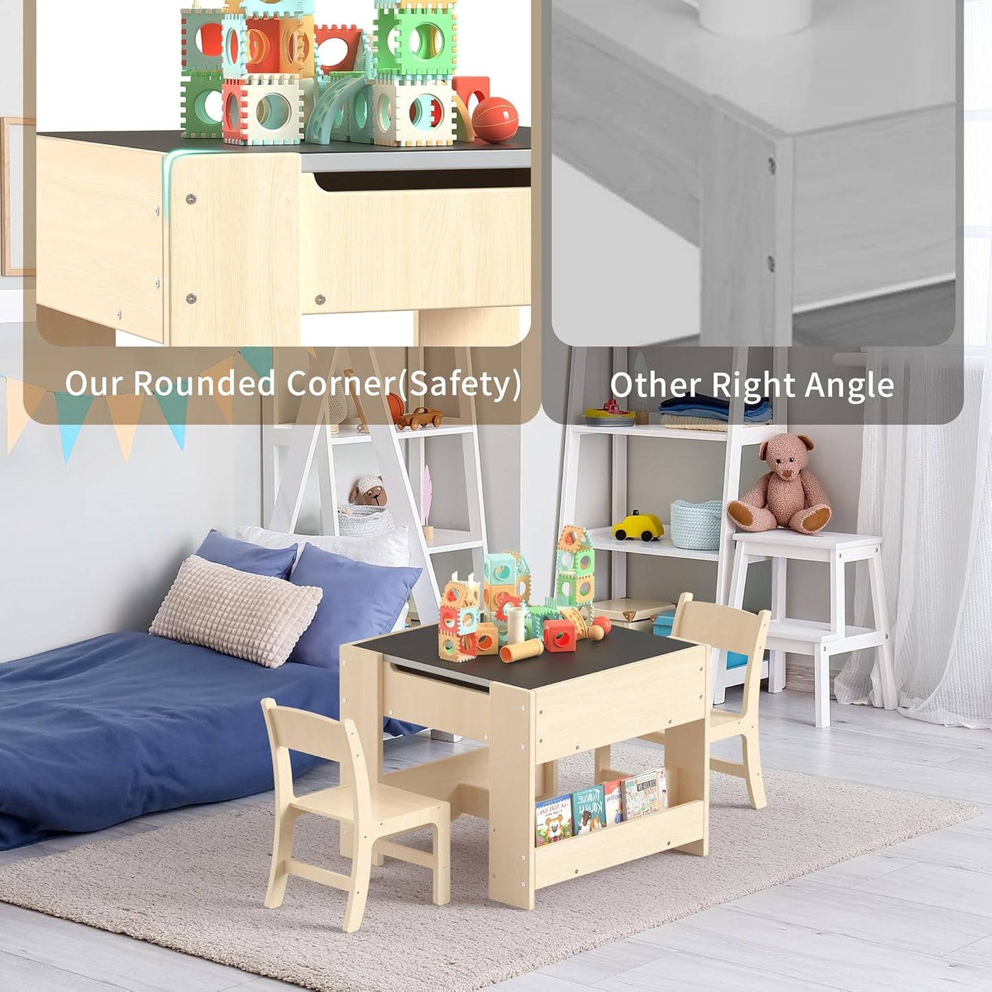 4-in-1 Kids Desk with 2 Chairs - Birch Wood Activity Table with Reversible Whiteboard and Chalkboard, 3 Storage Compartments for Kids for Painting, Reading and Crafts