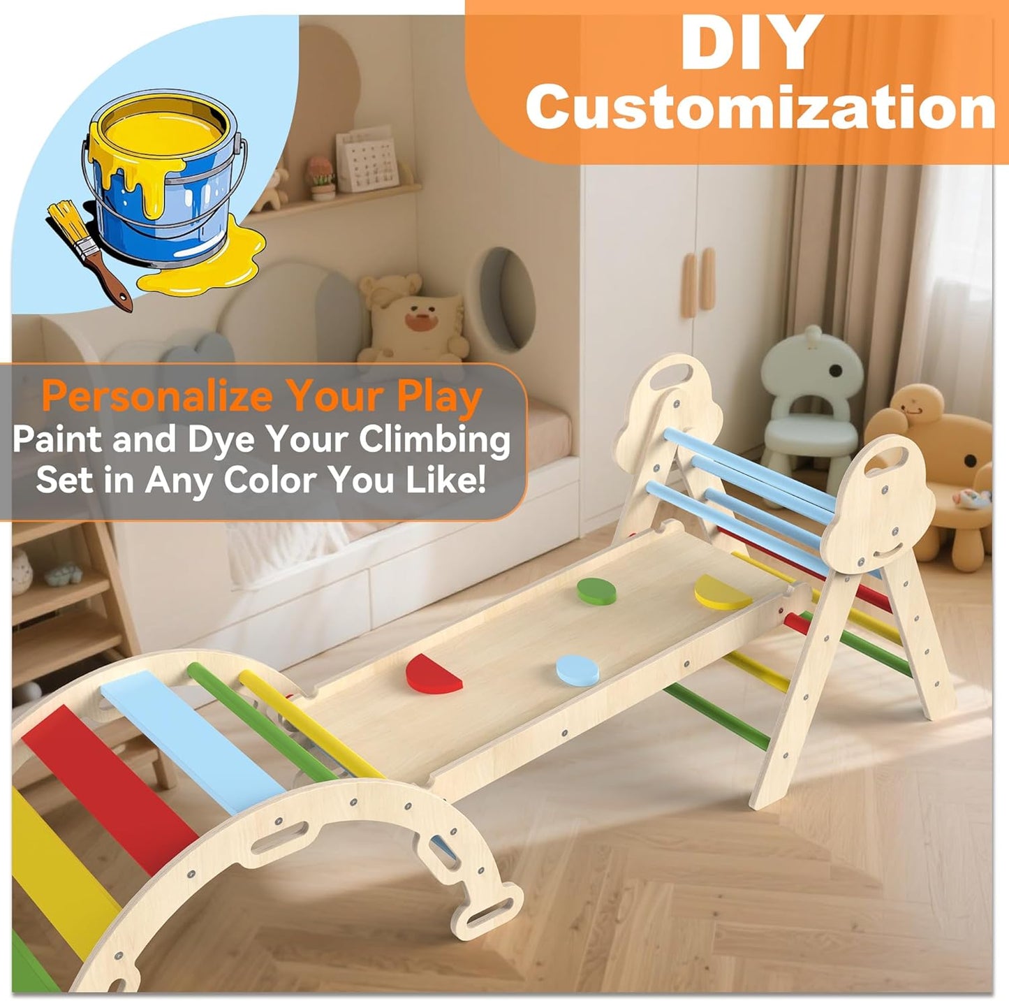 Pikler Triangle Set with Cushion, 7 in 1 Toddler Climbing Toys Indoor, Montessori Foldable Climbing Set, Wooden Climbing Toys for Toddlers Inside with Ramp, Arch and Ladder