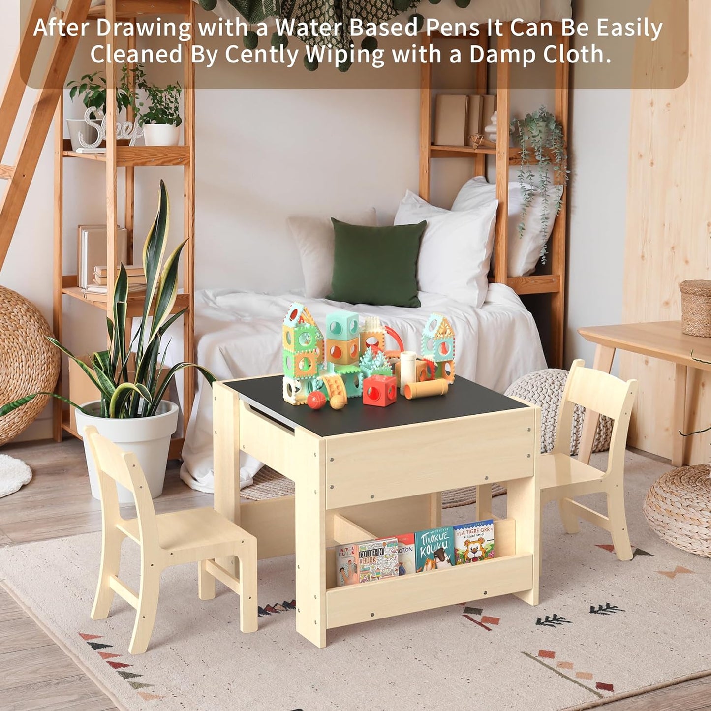 4-in-1 Kids Desk with 2 Chairs - Birch Wood Activity Table with Reversible Whiteboard and Chalkboard, 3 Storage Compartments for Kids for Painting, Reading and Crafts