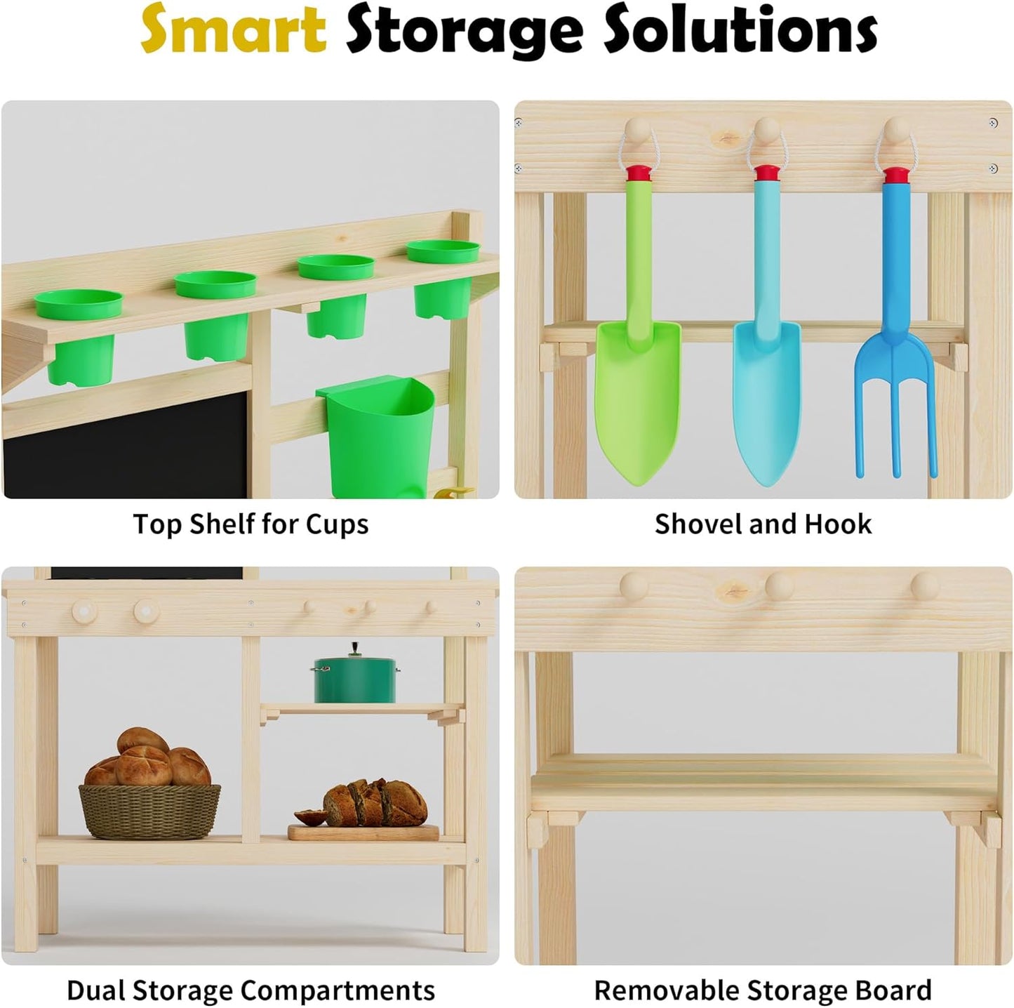 Outdoor toy kitchen made of solid fir wood – With faucet, double-sided table, shelf, sink and hob – Garden toys for children from 3 years