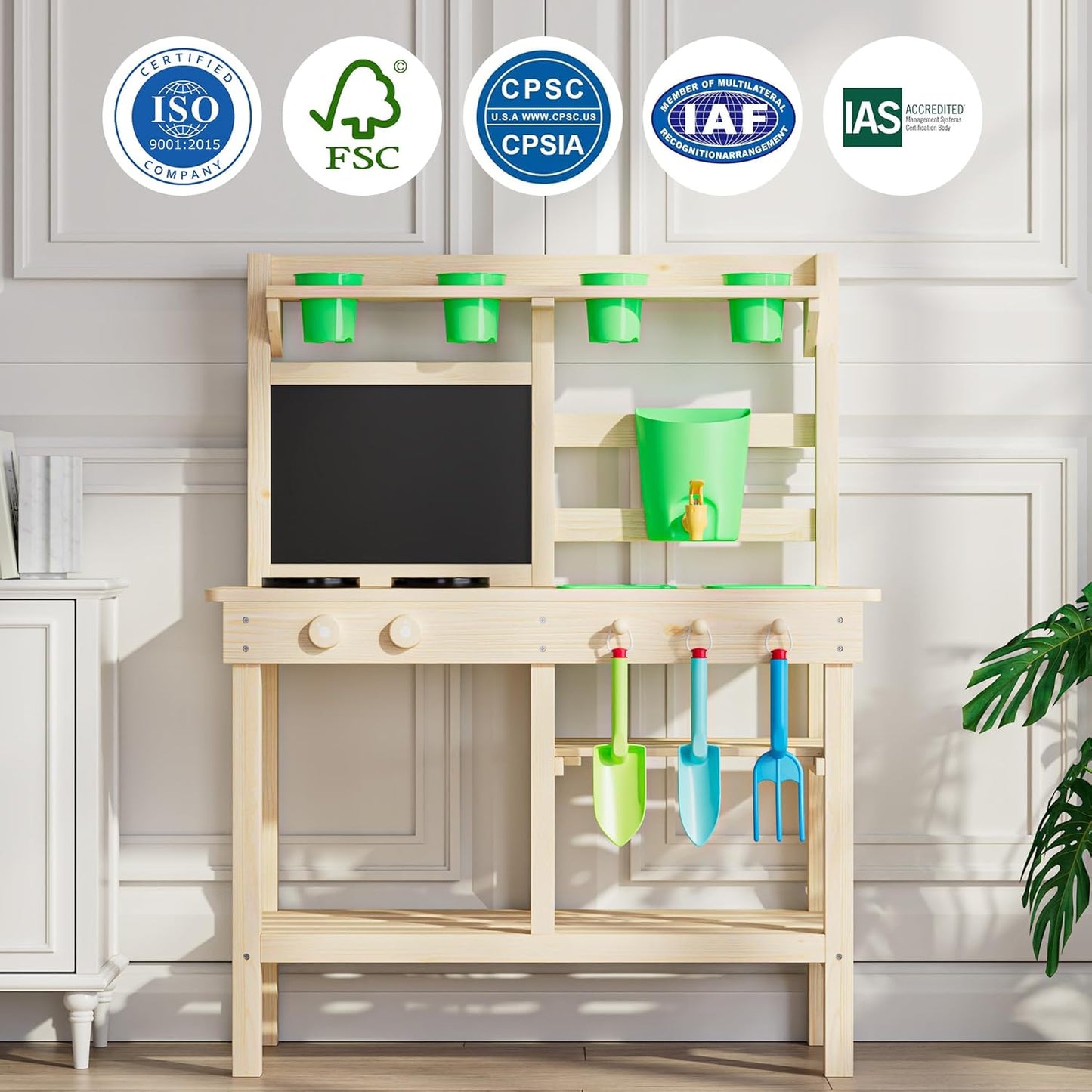 Outdoor toy kitchen made of solid fir wood – With faucet, double-sided table, shelf, sink and hob – Garden toys for children from 3 years