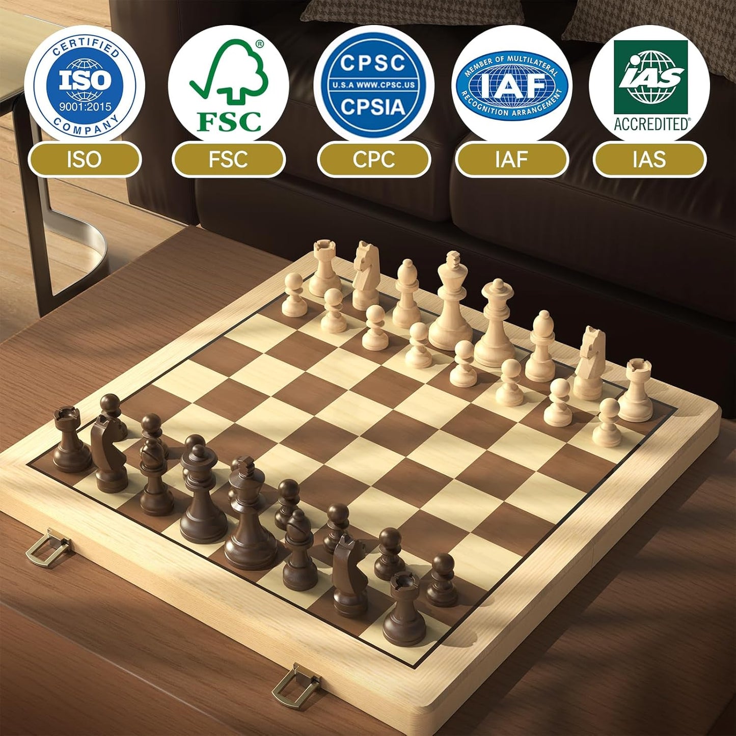 15" Wooden Folding Chess & Checkers Set - 2 in 1 Board Game with 3" King Staunton Pieces and 2 Extra Ladies