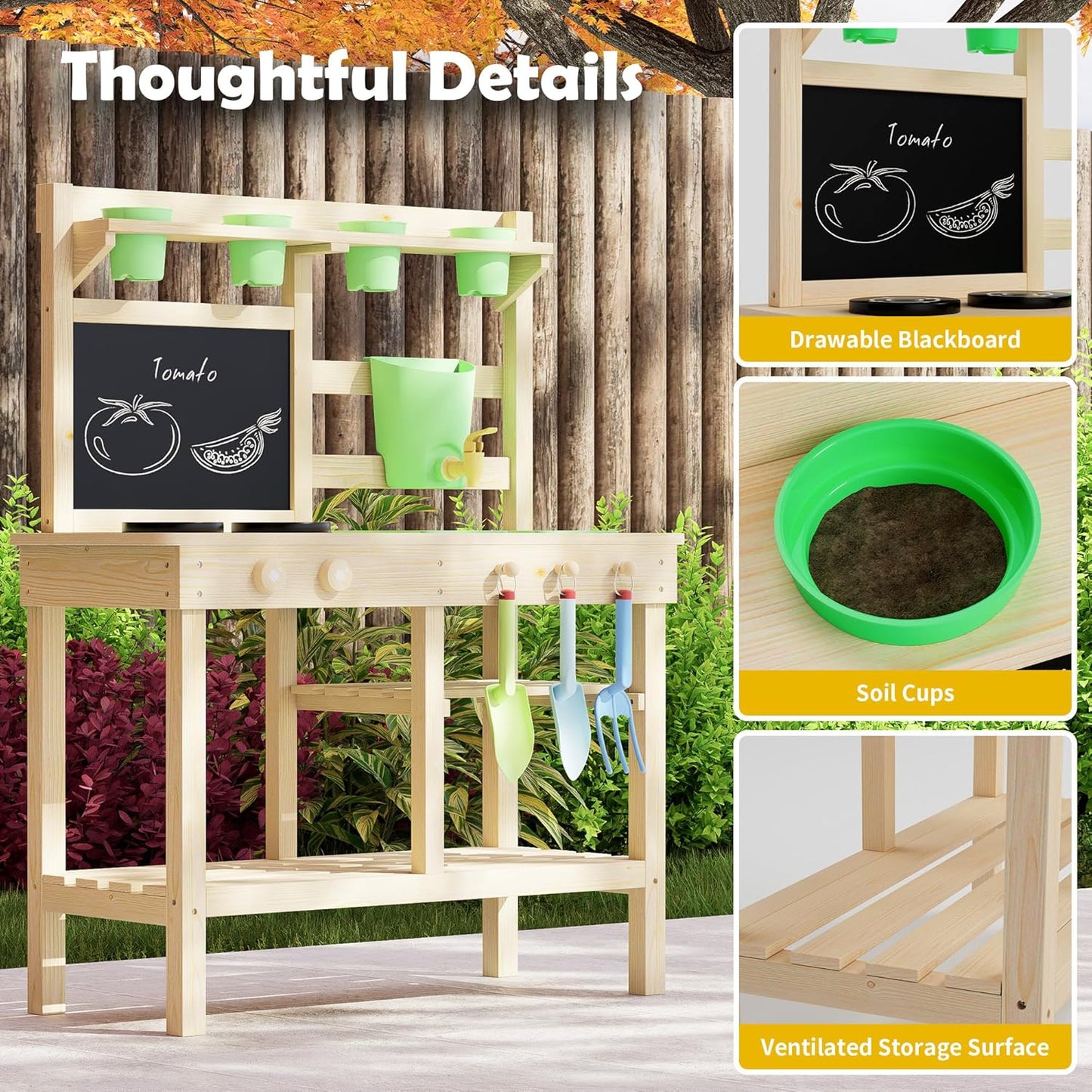 Outdoor toy kitchen made of solid fir wood – With faucet, double-sided table, shelf, sink and hob – Garden toys for children from 3 years