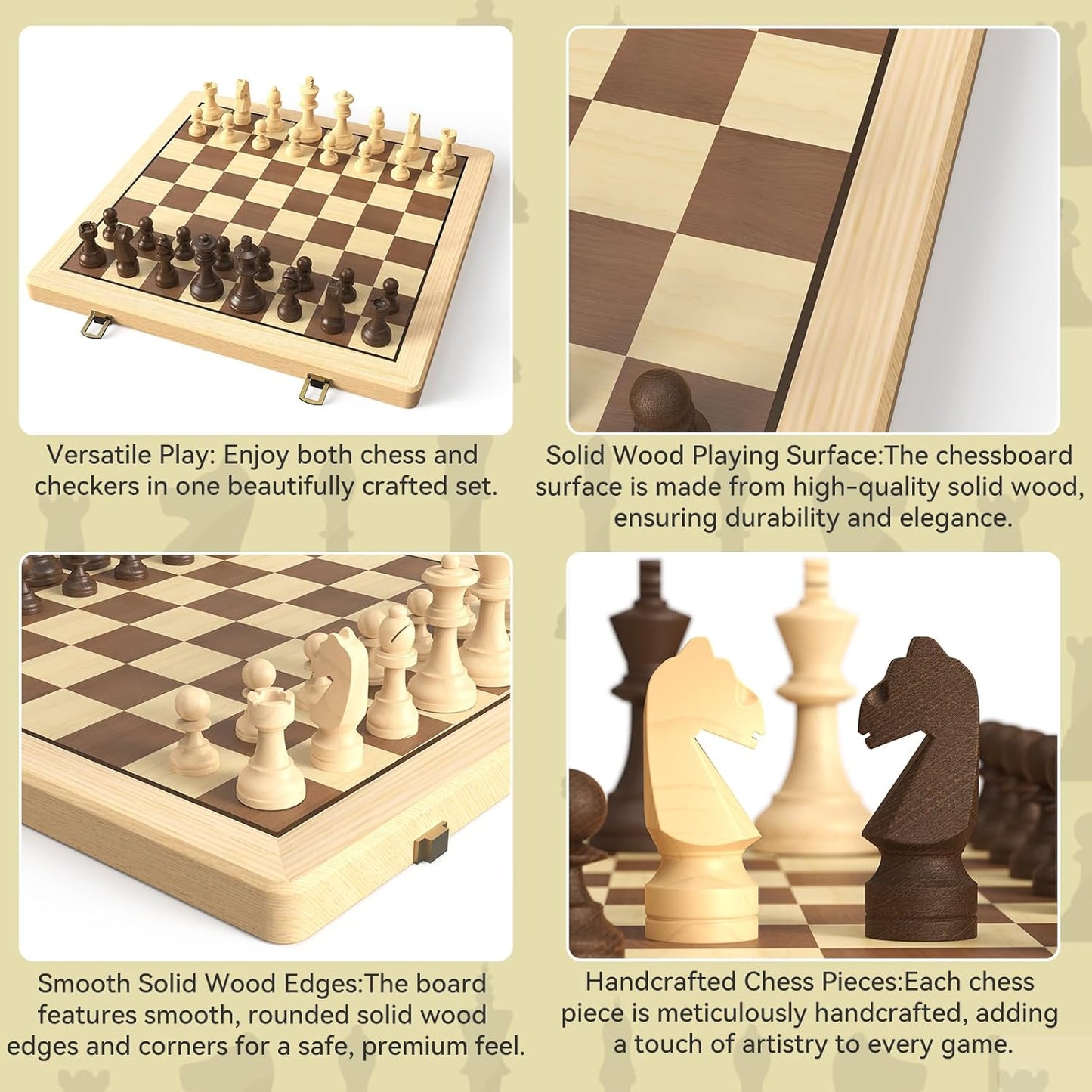 15" Wooden Folding Chess & Checkers Set - 2 in 1 Board Game with 3" King Staunton Pieces and 2 Extra Ladies